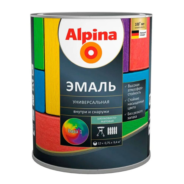 Эмаль универсальная Alpina База 1 шелковисто-матовая белая 0.75 л Эмаль универсальная Alpina База 1 шелковисто-матовая белая 0.75 л