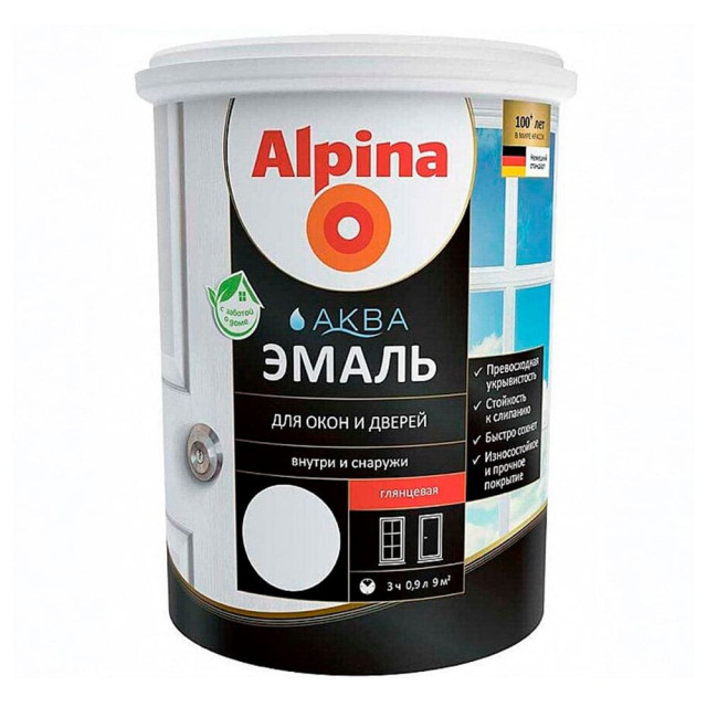 Эмаль Alpina Аква для окон и дверей белая глянцевая 0.9 л Эмаль Alpina Аква для окон и дверей белая глянцевая 0.9 л