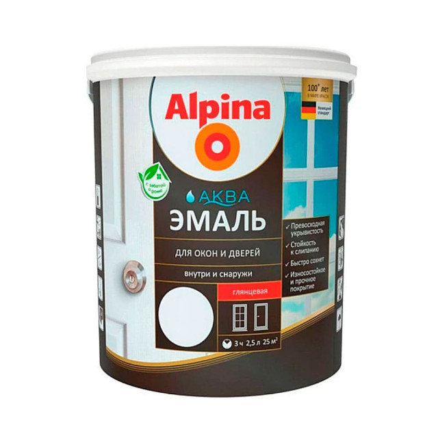 Эмаль для окон и дверей Alpina Аква белая глянцевая 2.5 л Эмаль для окон и дверей Alpina Аква белая глянцевая 2.5 л