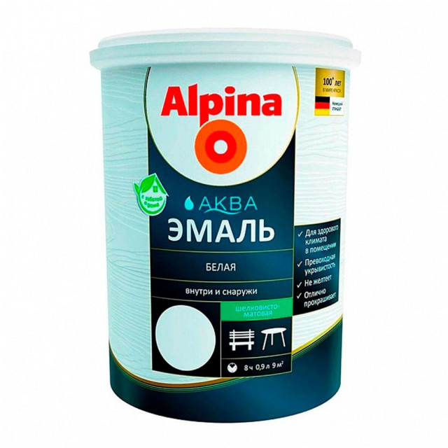 Эмаль Alpina Аква акриловая белая шелковисто-матовая 0.9 л Эмаль Alpina Аква акриловая белая шелковисто-матовая 0.9 л