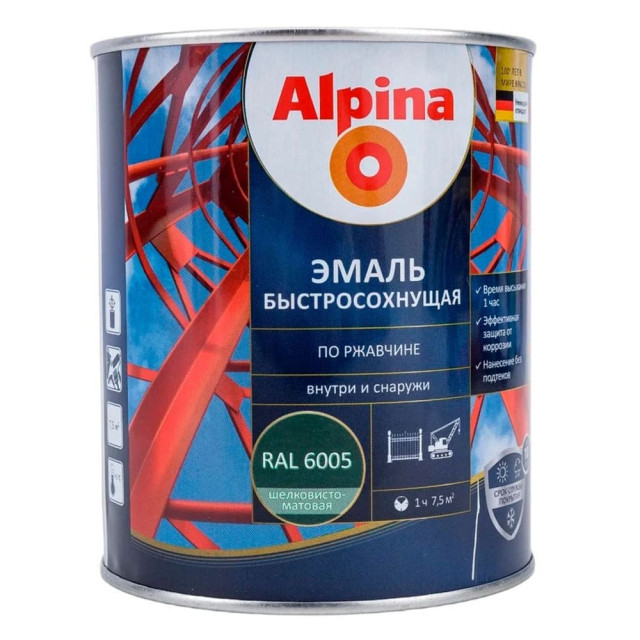 Грунт-эмаль Alpinа быстросохнущая по ржавчине Ral 6005 зеленая 0.9 кг Грунт-эмаль Alpinа быстросохнущая по ржавчине Ral 6005 зеленая 0.9 кг