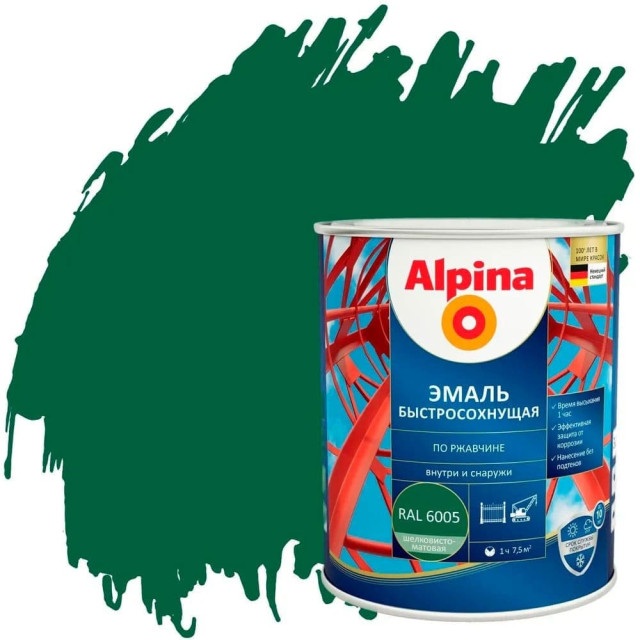 Грунт-эмаль Alpinа быстросохнущая по ржавчине Ral 6005 зеленая 0.9 кг Грунт-эмаль Alpinа быстросохнущая по ржавчине Ral 6005 зеленая 0.9 кг