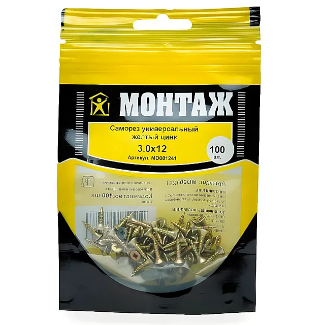 Саморез универсальный 3*12 мм Монтаж MD001241 желтый цинк 100 шт