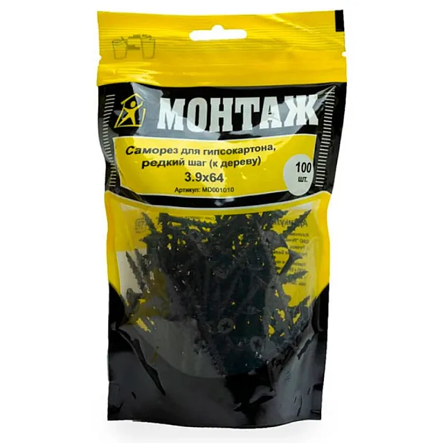 Саморез по гипсокартону 3.9*64 мм Монтаж MD001010 редкий шаг к дереву 100 шт