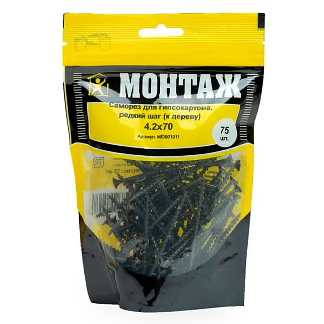 Саморез по гипсокартону 4.2*70 мм Монтаж MD001011 редкий шаг к дереву 75 шт