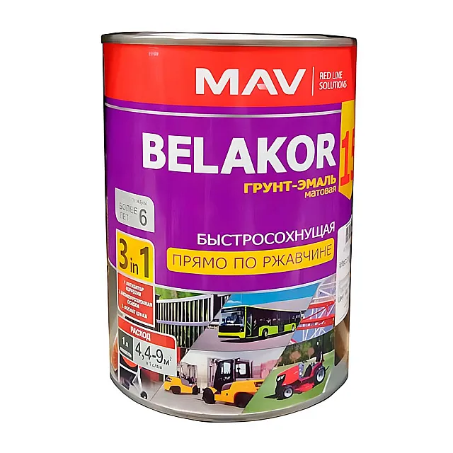 Грунт-эмаль MAV Belakor 15 прямо по ржавчине 3 в 1 быстросохнущая белая матовая 1 л