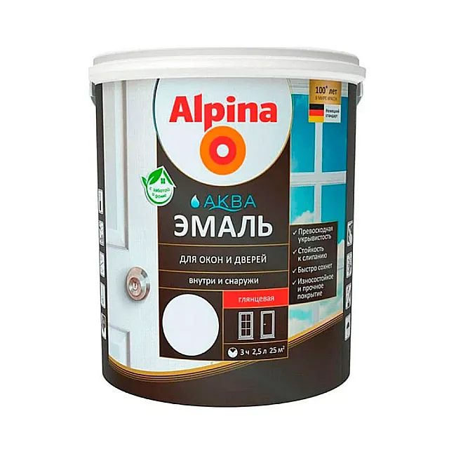 Эмаль для окон и дверей Alpina Аква белая глянцевая 2.5 л