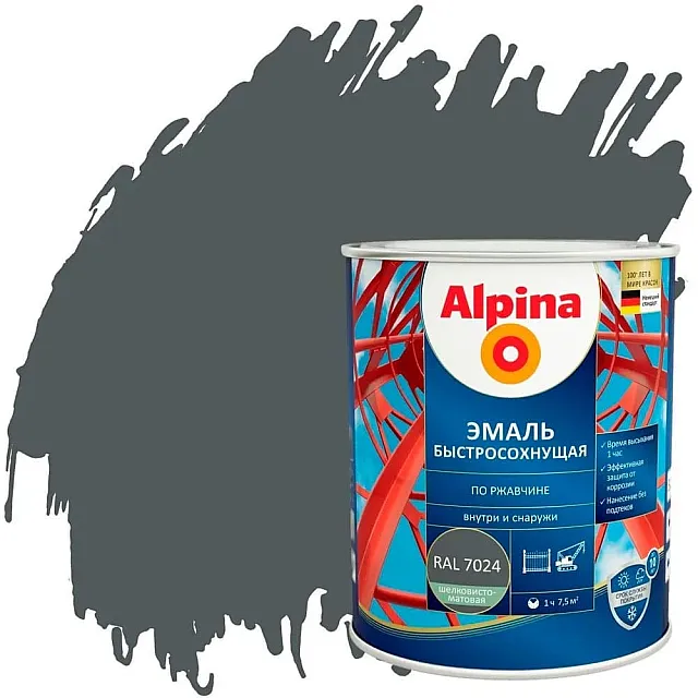 Грунт-эмаль Alpina быстросохнущая по ржавчине RAL 7024 графитовая 0.9 кг