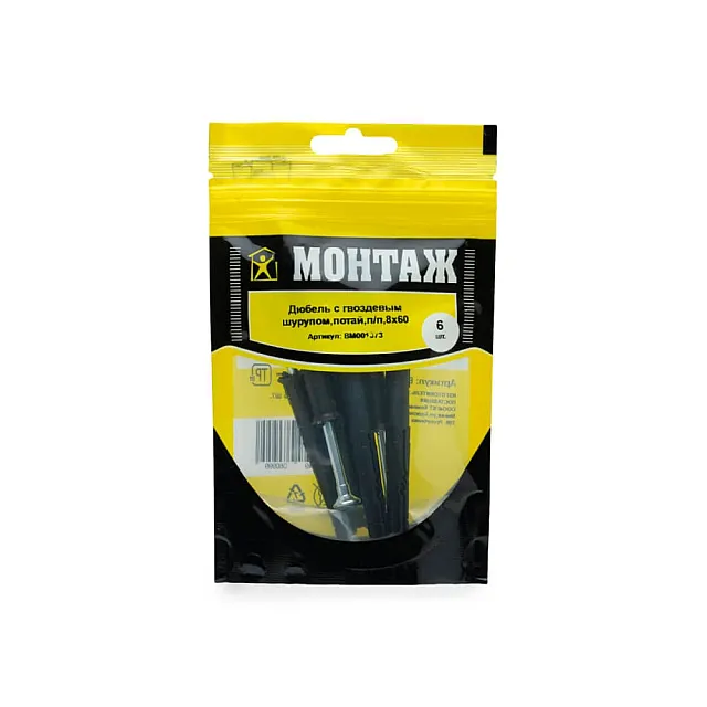 Дюбель с гвоздевым шурупом Монтаж BM001373 8*60 мм потай 6 шт