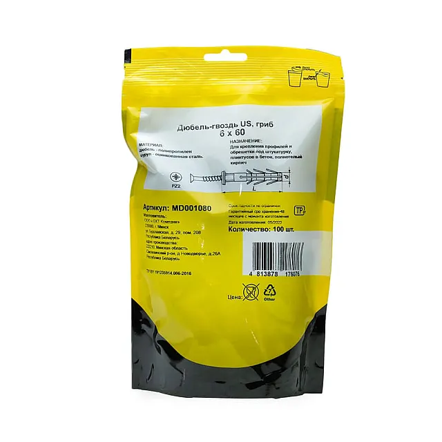 Дюбель-гвоздь Монтаж MD001080 US 6*60 мм полипропилен гриб 100 шт