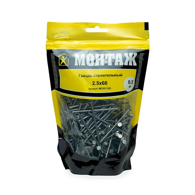 Гвоздь строительный 2.5*60 мм Монтаж MD001305 дой-пак M 0.5 кг