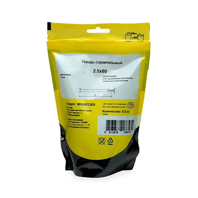 Гвоздь строительный 2.5*60 мм Монтаж MD001305 дой-пак M 0.5 кг